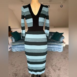 Eva Mendes teal & black stripe bodycon midi dress